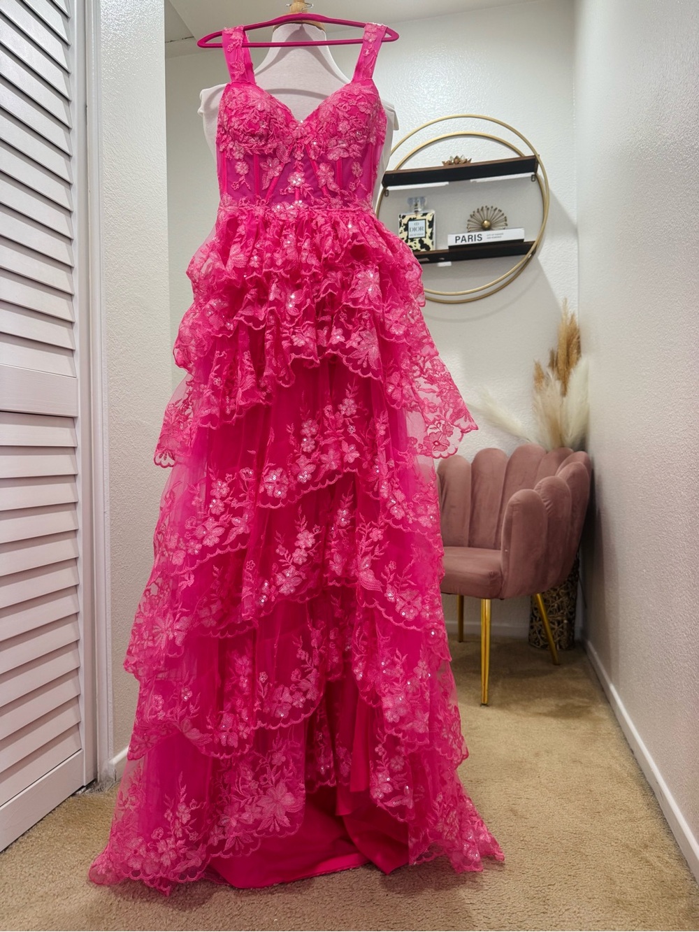 Size 00/ XXS Pink lace prom dress with floral embroidery